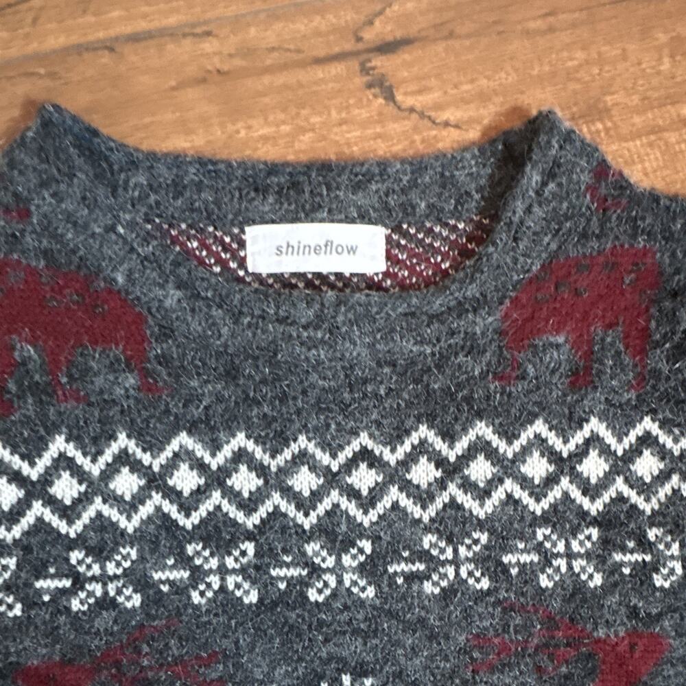 Shineflow Fair Isle Reindeer Crew Neck Knit Pullover Sweater Women's M Gray